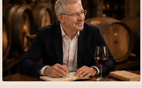 Diego Bonnel taking tasting notes among oak barrels in a wine cellar