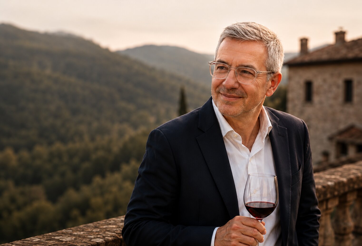 Diego Bonnel holding a glass of red wine on a Tuscan terrace